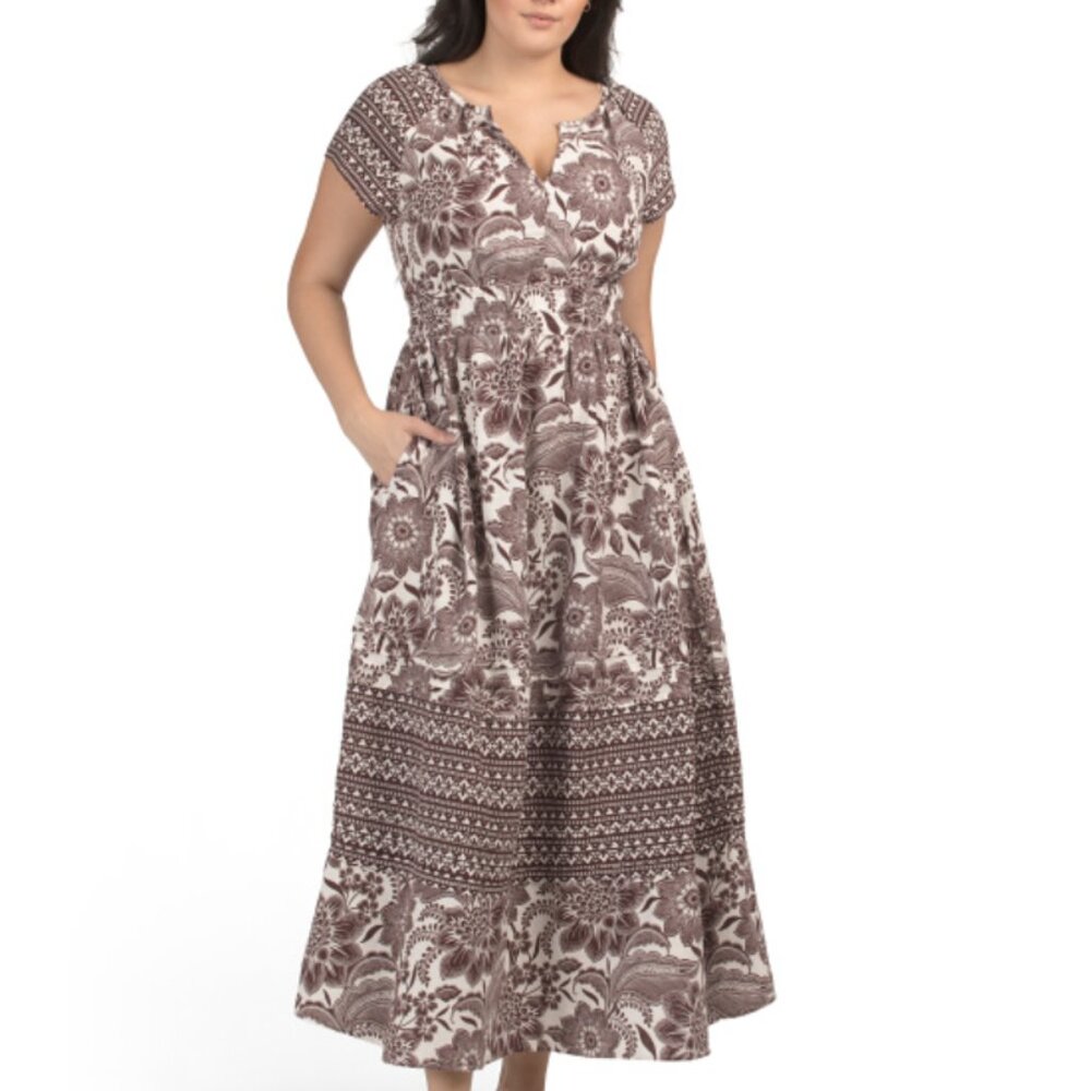 NWT RACHEL ZOE Linen Blend Chocolate Floral Midi Dress with Pockets